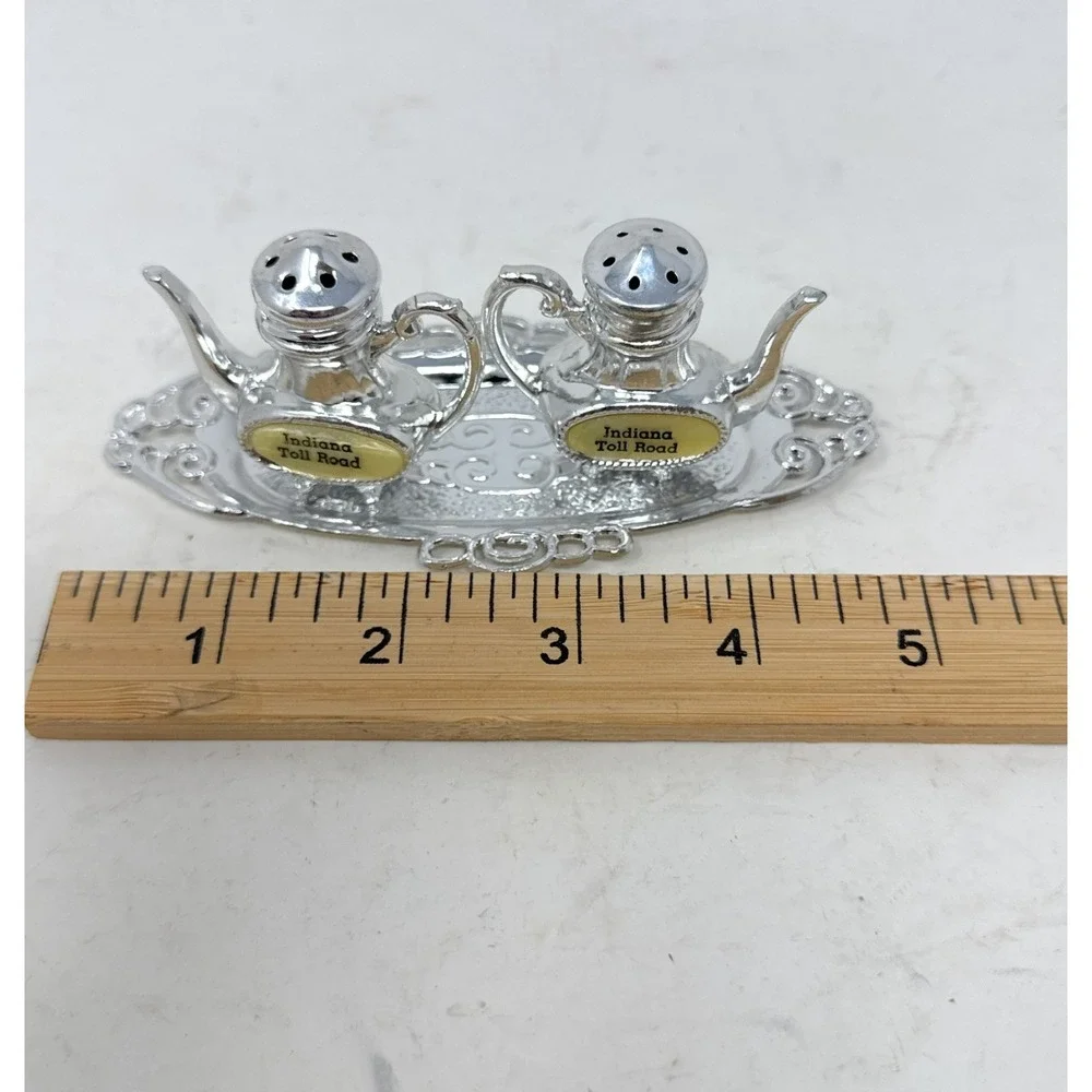 VTG Souvenir Salt Pepper Shakers Silver Teapots Tray Metal Indiana Toll Road